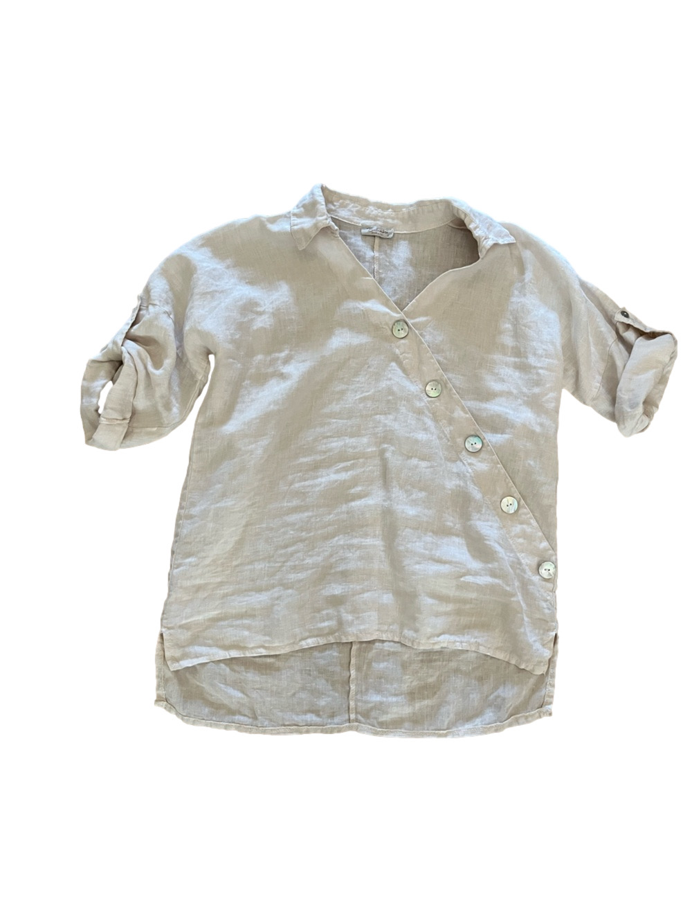 Bellambra Italy Beige Asymmetric Button Linen Tunic Blouse Large